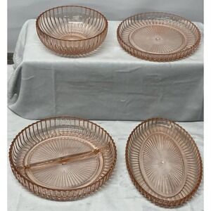 Anchor Hocking Queen‎ Mary Pink Depression Glass Plates Bowl Serving Set 4 Pc